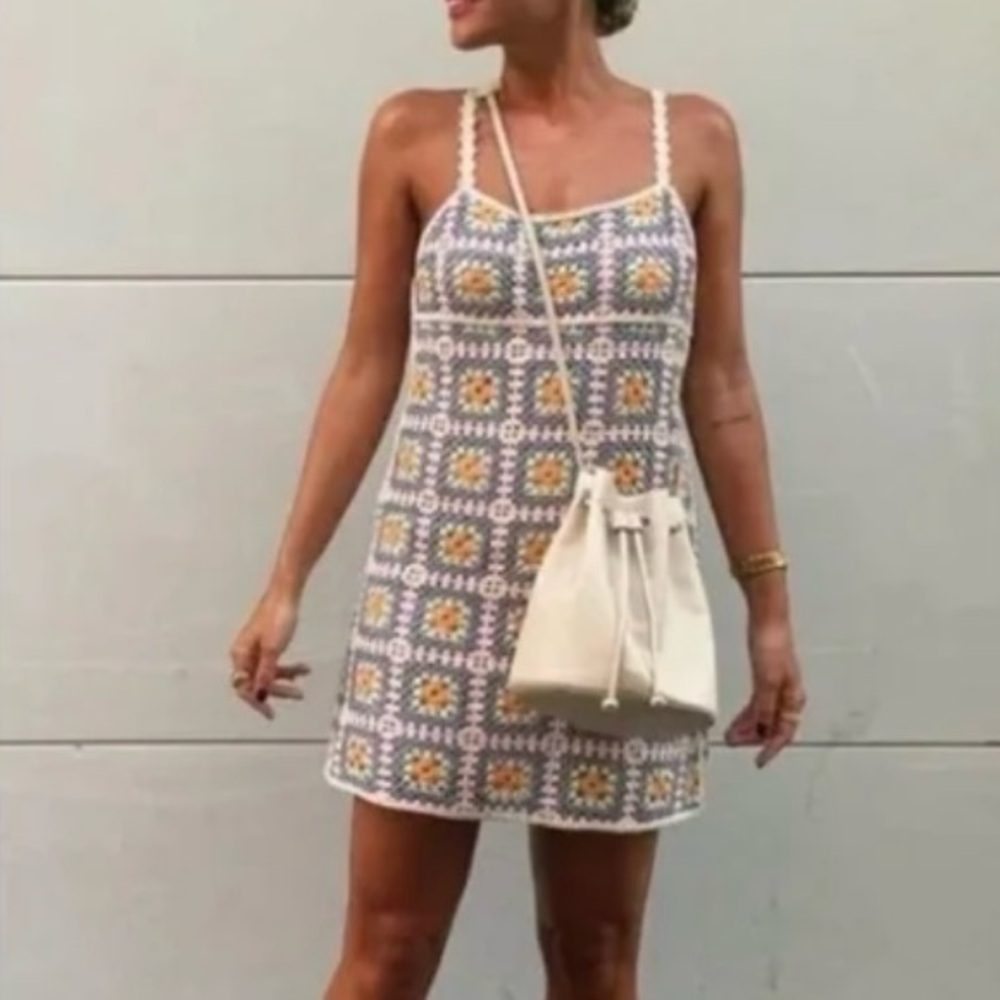 Zara Pastel Crochet Mini Dress in Purple, Yellow, Green, White
